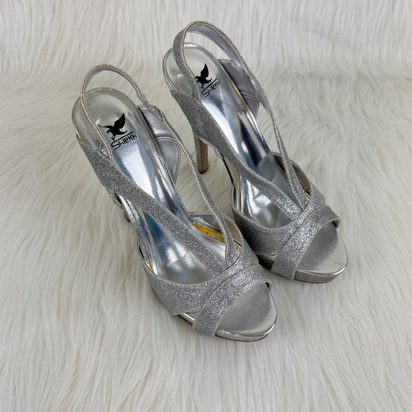 Shiekh Ruby-S Silver Glitter Slingback Platform Heels Shoes Sandals Size 9 - Picture 3 of 12